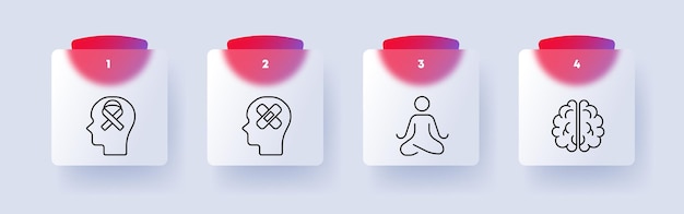 Mood icon set Human silhouette ribbon fight against cancer patch treatment rehabilitation meditation man brain numbering Controlling your condition concept Glassmorphism style