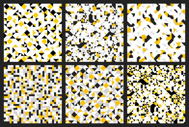 Mosaic seamless patterns set, geometric chaotic tiling vector backgrounds for wallpapers, wrapping paper or website backgrounds.