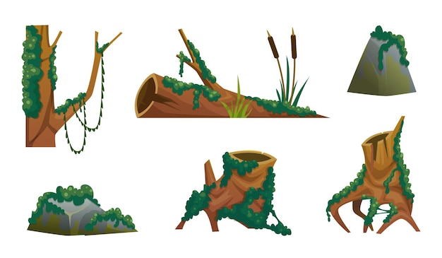 Moss Cartoon green wood wild plants fungus and moss game assets exact vector pictures set