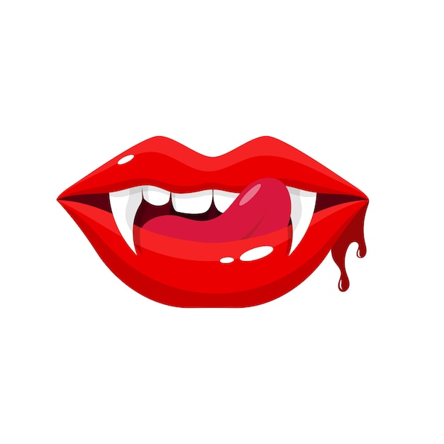 Mouth with a tongue licks teeth Vampire mouth open female red lips with long pointed canine teeth