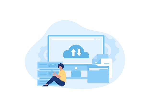 Moving data to cloud storage trending concept flat illustration