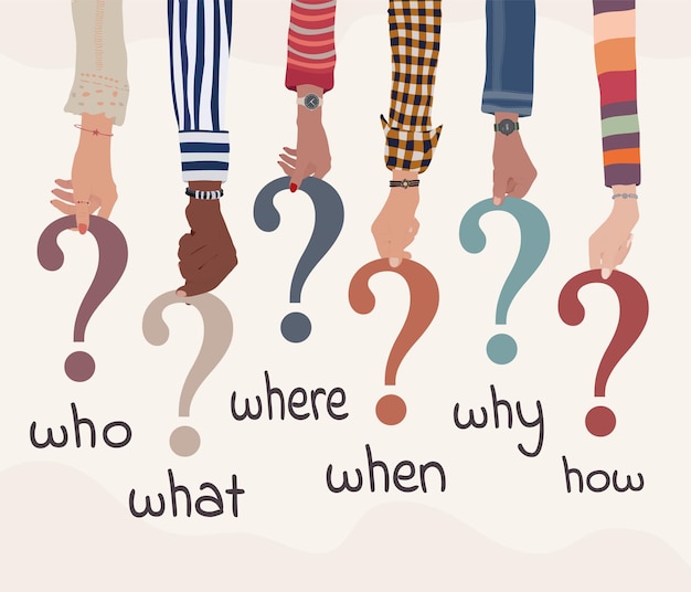 Multicultural people arms holding in hand colorful question marks with Whowhatwherewhenwhyhow