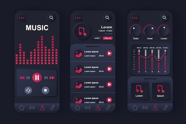 Music player concept neumorphic templates set Player interface with buttons UI UX GUI screens