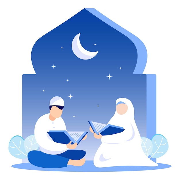 Muslim Couple Reading Quran Under the Night Sky During Ramadan