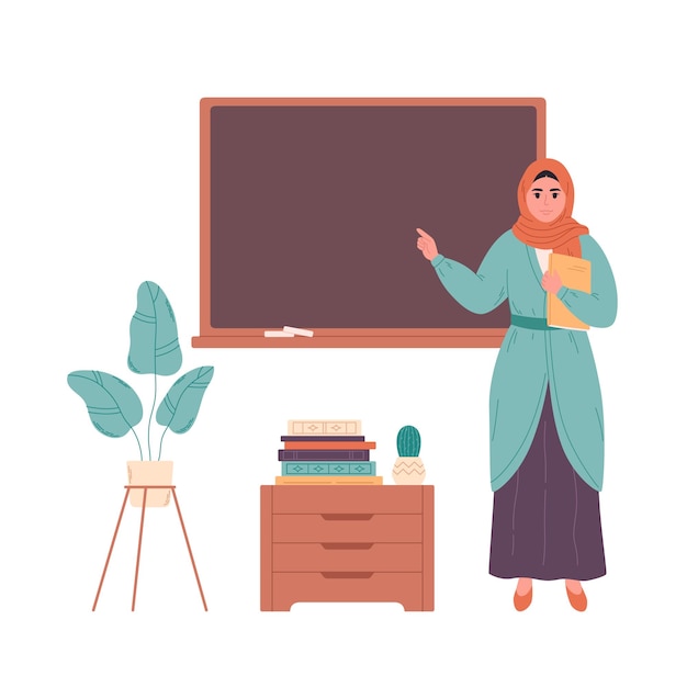 Muslim female teacher at classroom near blackboard Education lecture and lesson at school