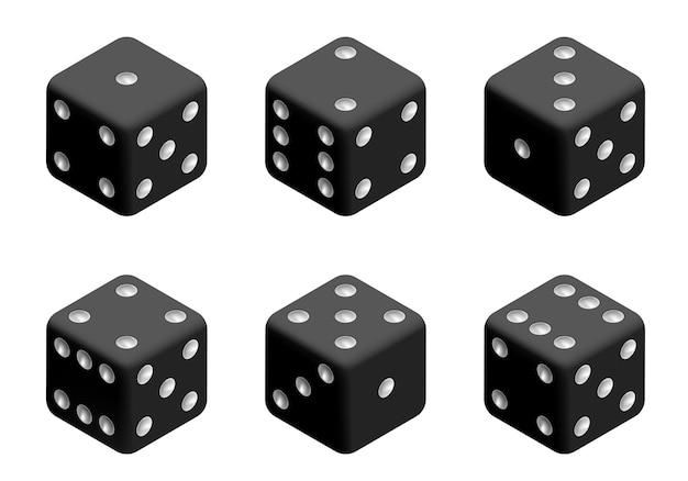 Mustat nopat valkoisilla pisteillä. Vektorijoukko eristettynä valkoisella taustalla, 3d-nopat