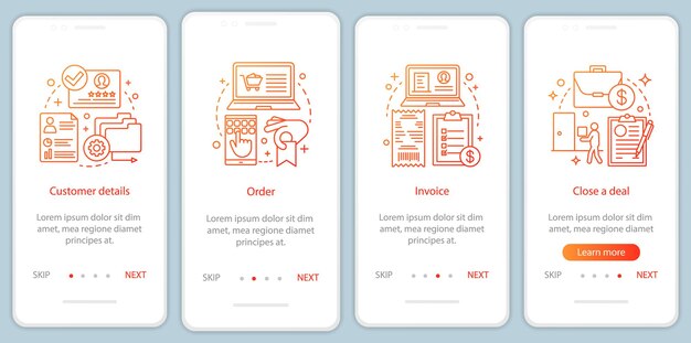 Myynnin tekeminen perehdytys mobiilisovelluksen sivunäytön vektoripohja. Asiakastiedot, tilaus, lasku, sopimus kävelysivuston vaiheet lineaarisilla kuvituksilla. Verkkokauppa. UX, UI, GUI-älypuhelimen käyttöliittymä