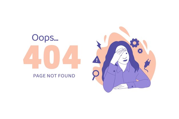 Nainen pitää käsiä päässään ja on pettynyt Oho 404 -virheen designkonseptin aloitussivulla