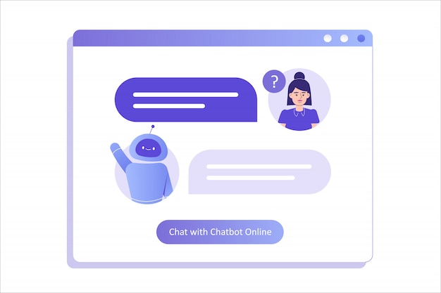 Nainen puhuu chatbotin kanssa suuressa käyttöliittymässä
