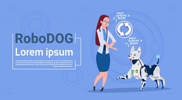 Nainen robottikoiran kanssa päivittää käyttöliittymää eläin moderni robottilemmikki tekoälyteknologia