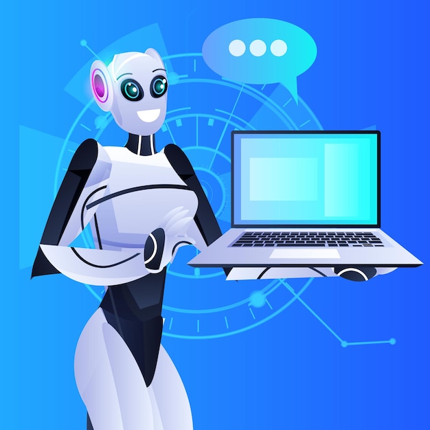 Naispuolinen robottihenkilö käyttää kannettavaa tietokonetta, tekoälyteknologia, chat-kupla, viestintäkonsepti, muotokuva