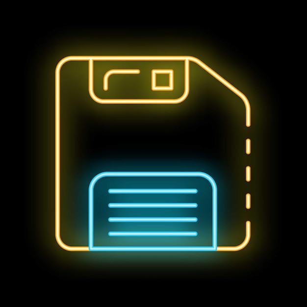 Neon floppy disk shining on black background