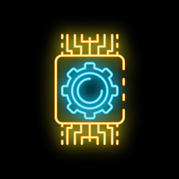 Neon icon of gear and motherboard representing machine learning process