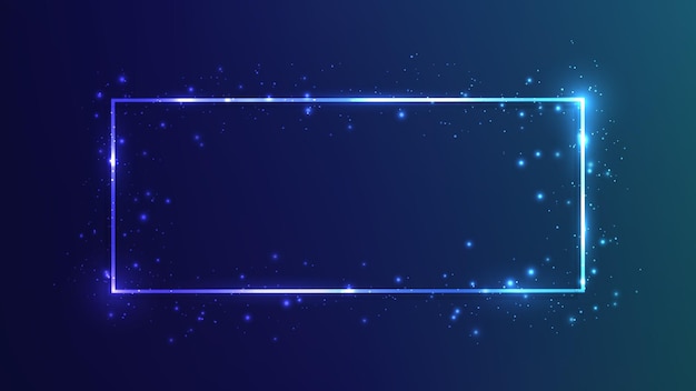 neon rectangular frame with shining effects and sparkles on dark blue background