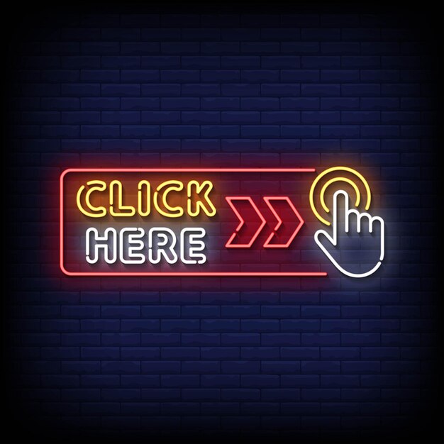 Neon Sign click here with brick wall background vector