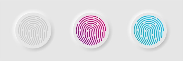 Neumorfismi sormenjälkien salasana painikkeet sarja. Sormenjälkien pyöreä painike modernissa neumorfisessa trendikkäässä tyylissä. UI, UX sarja mobiilisovellukselle. Lukitus, avauspainike. Vektorigrafiikka. EPS 10