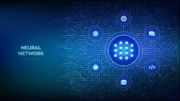 Neural network icon made with binary code AI Artificial Intelligence Machine Learning Big data analysis technology Background with circuit board connections and tech icons Vector Illustration