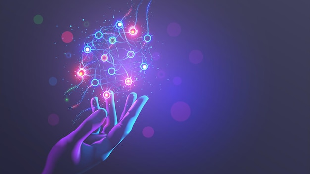 Neural network scheme above scientist hand Artificial neural networks ANN Abstract simple graphics scheme of neural machine mind with AI Artificial intelligence cybernetic net Education AI