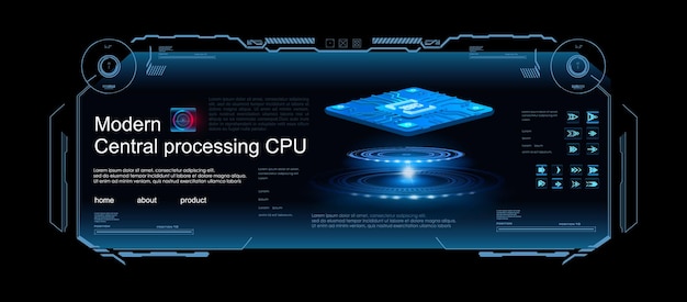 New generation micro processor for computer on holographic interface with HUD GUI UI elements Microprocessor for computer with user interface