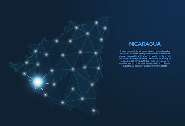 Nicaraguan viestintäverkostokartta. Vektoripohjainen low poly -kuva maailmankartasta, jossa kaupungit on esitetty valoina. Kartta on tähdistön ja tähtien muotoinen.