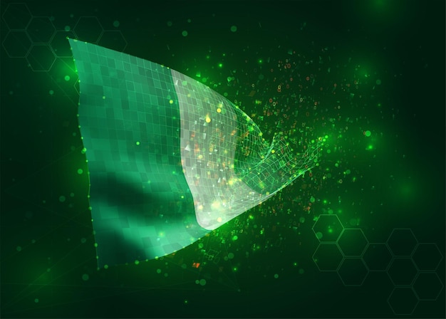 Nigeria on vector 3d flag on green background with polygons and data numbers