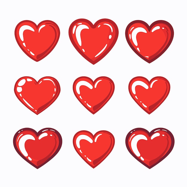 Nine glossy red hearts various styles shapes cartoon heart icons love expressions romance