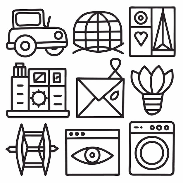 Nine hand drawn doodle icons of everyday objects