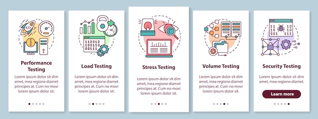 Non-functional software testing onboarding mobile app page screen with linear concepts. Program quality analysis walkthrough steps graphic instructions. UX, UI, GUI vector template with illustrations