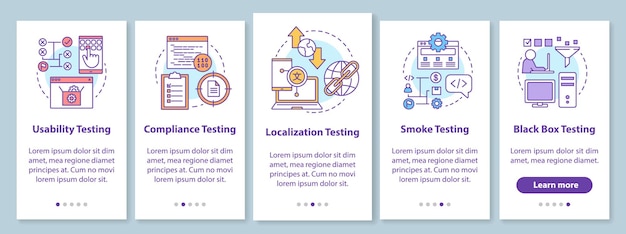 Non-functional software testing onboarding mobile app page screen with linear concepts. Usability analysis walkthrough steps graphic instructions. UX, UI, GUI vector template with illustrations