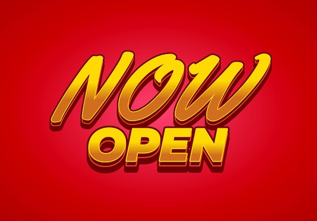 now open text effect in yellow red color with 3 dimension style