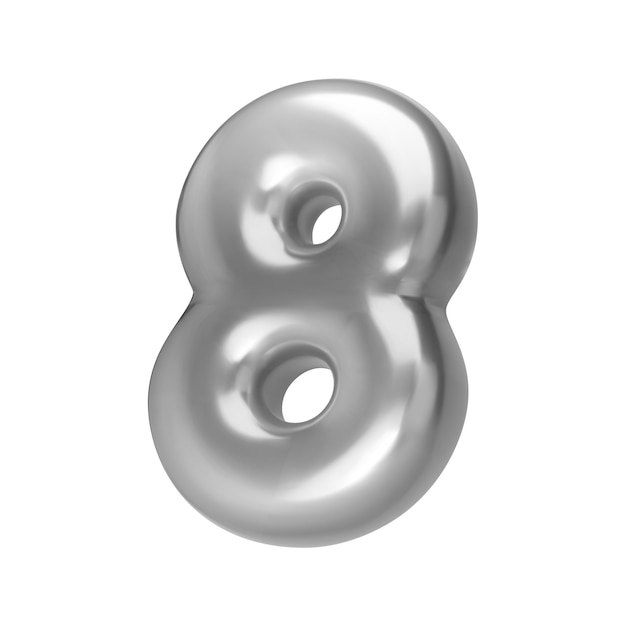 Number silver 8 Foil and chrome balloon number eight in 3d style Realistic design elements isolated on white background Vector illustration