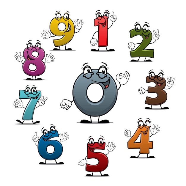 Numbers icons of vector cartoon characters. Smiling numerical figures or numeral digits with eyes, showing numerals quantity with fingers gestures for children math or arithmetic counting education