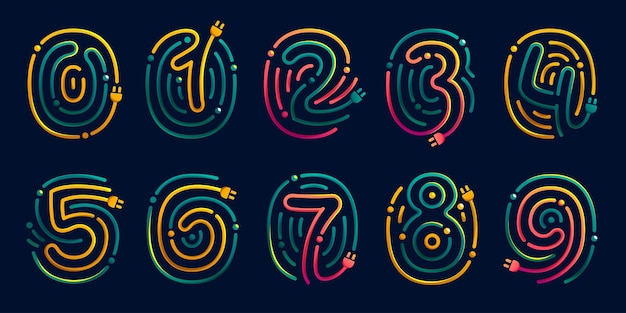 Numbers set made of fingerprint with plug Colorful cable icons with vivid gradients and lines