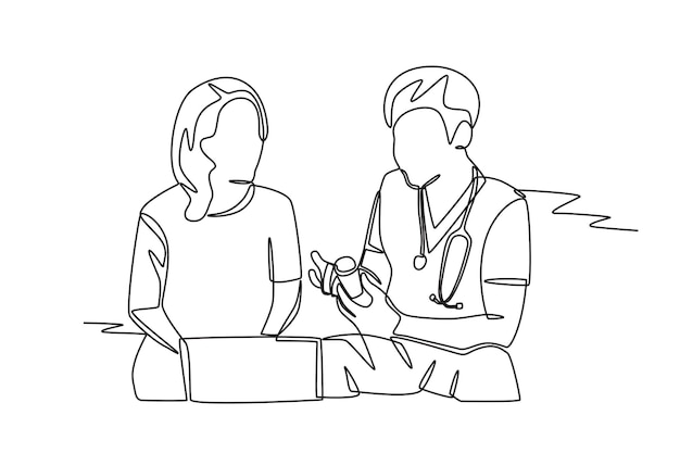 Nurse explains the use of medication to the patient Visiting nurse concept oneline drawing