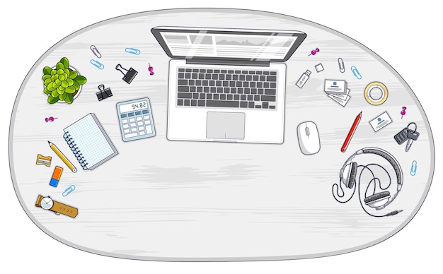 Office desk workspace top view with laptop computer and diverse stationery objects for work with copy space for text. All elements are easy to use separately or recompose the illustration. Vector.