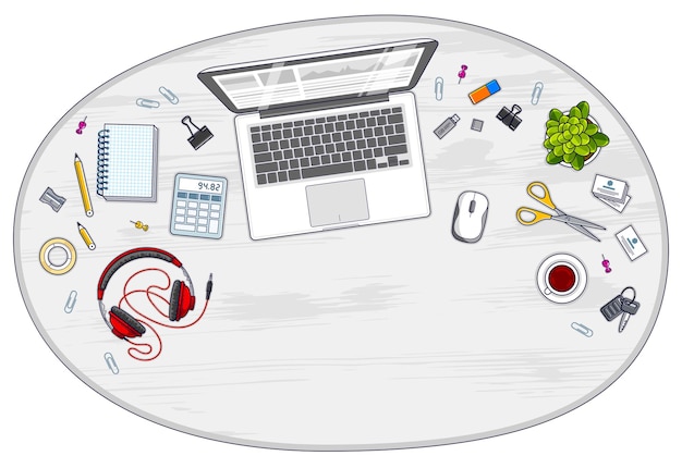 Office desk workspace top view with laptop computer and diverse stationery objects for work with copy space for text. All elements are easy to use separately or recompose the illustration. Vector.