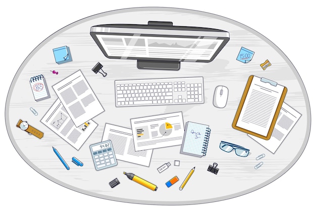 Office desk workspace top view with PC computer and analytics papers with graphs and data and stationery objects on table. All elements are easy to use separately or recompose illustration. Vector.