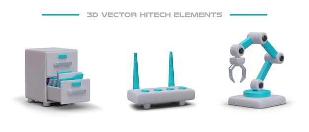 office drawer unit router manipulator 3d hitech elements set of isolated color illustrations