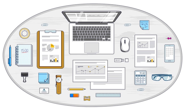 Office employee or entrepreneur work desk workplace with laptop computer and analytics papers with graphs and data and stationery objects on table. All elements are easy to use separately. Vector.