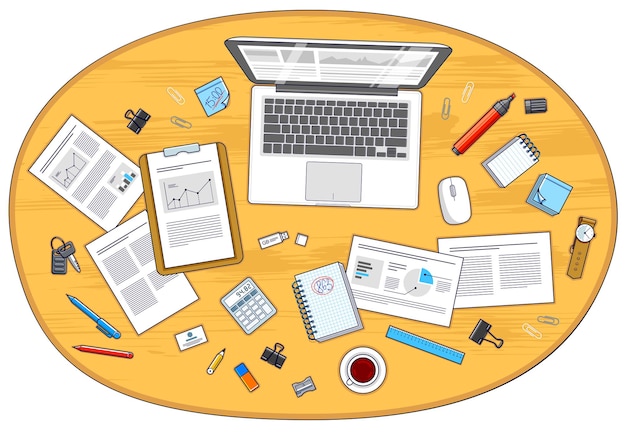 Office employee or entrepreneur work desk workplace with PC notebook and analytics papers with graphs and data and stationery objects on table. All elements are easy to use separately. Vector.