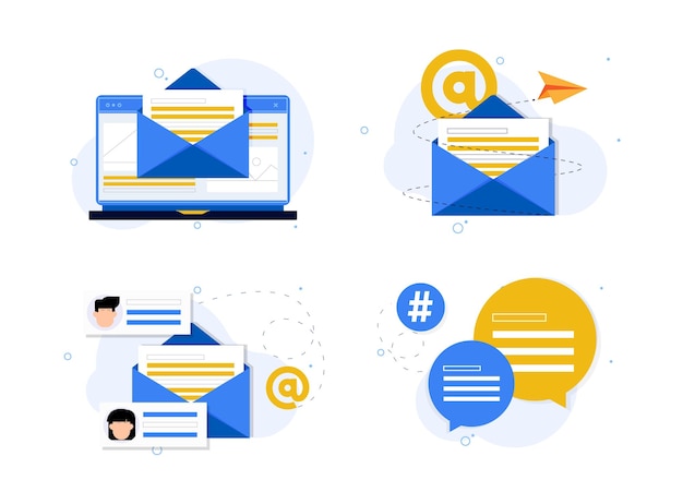 office mail chat sending and receiving concept with laptop icon flat vector icon set