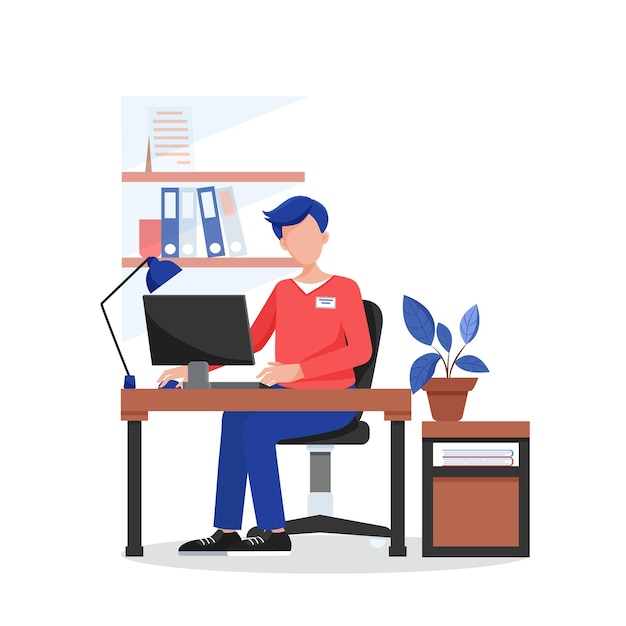 Office work. Man is working in a comfortable office. Flat vector illustration