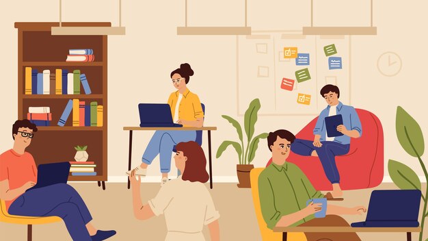 Office workers. People working, company team or co working space. Man woman with laptop or computers sitting at table. Business managers vector illustration. Office working and brainstorming