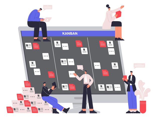 Ohjelmistokehittäjien hahmot työskentelevät scrum-tehtävätaulun kanssa. Kanban-taulun projektinhallinnan työnkulkukuvitus. Ohjelmistokehitystyön prosessi