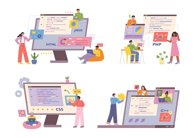 Ohjelmoijat koodaavat ohjelmia valtavien tietokoneiden ja digitaalisten sivujen ympärillä.