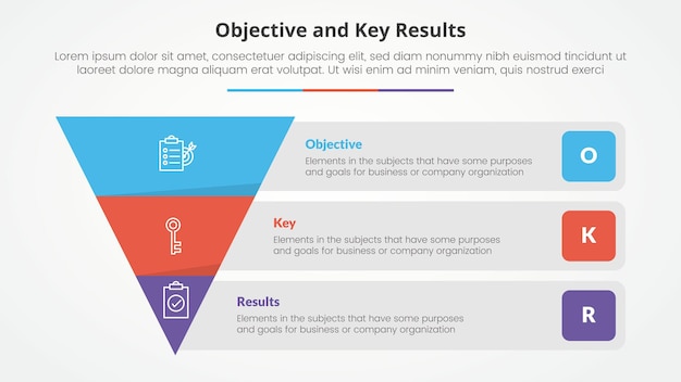 OKR objectives and key results framework infographic concept for slide presentation with reverse pyramid and rectangle box container description with 3 point list with flat style