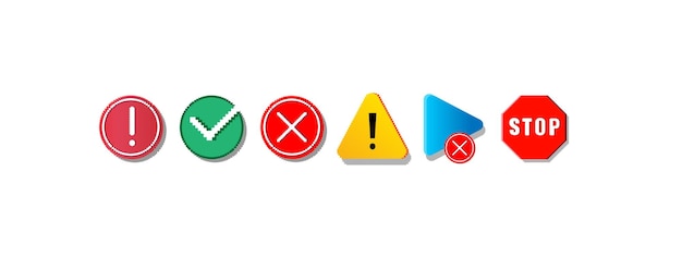 Old computer icons Abstract pixel art symbols set Stop or warning signs isolated media player button and completed or rejected task round marks Vector retro outline flat pointers