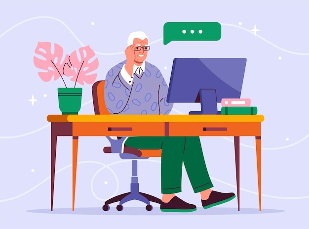old man communicate online grandfather sitting at table with computer video call and communication