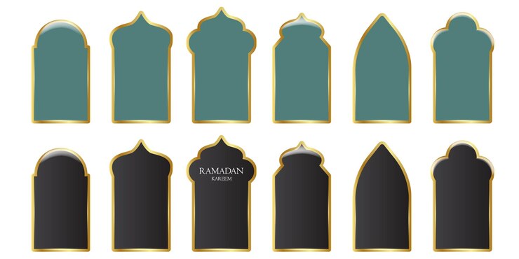 Vektori old mosque windows shape in oriental style and islamic door set frames