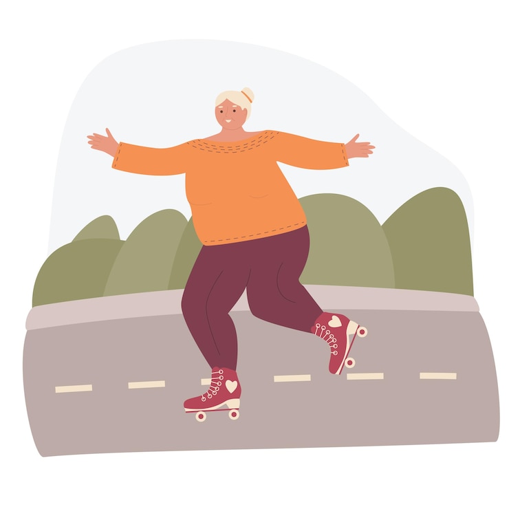 Vektori old woman rollerblading in the park active old woman extreme city sport healthy lifestyle